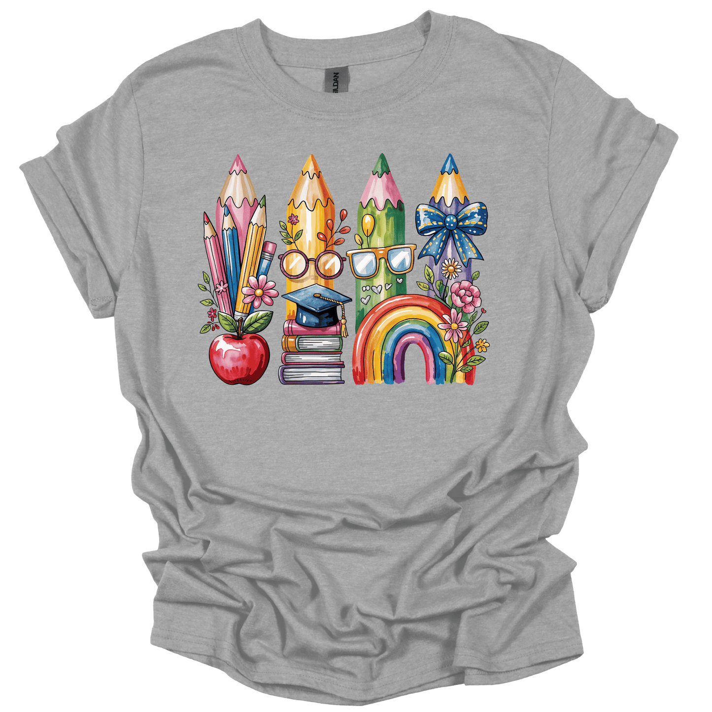 Watercolor Rainbow Pencil Teacher | Tee & Crewneck