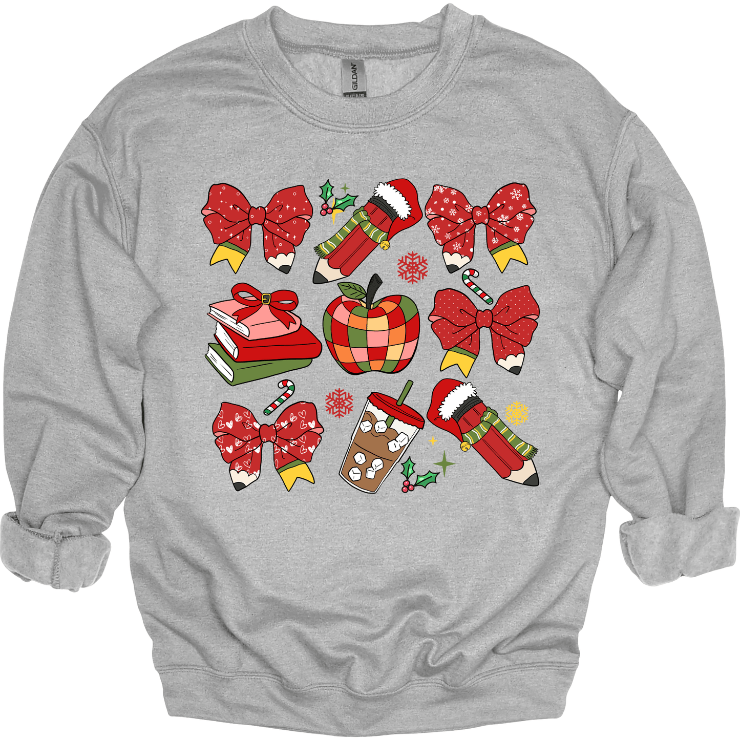 Teacher Christmas Collage: Holiday Bows, Pencils, Books & Apple