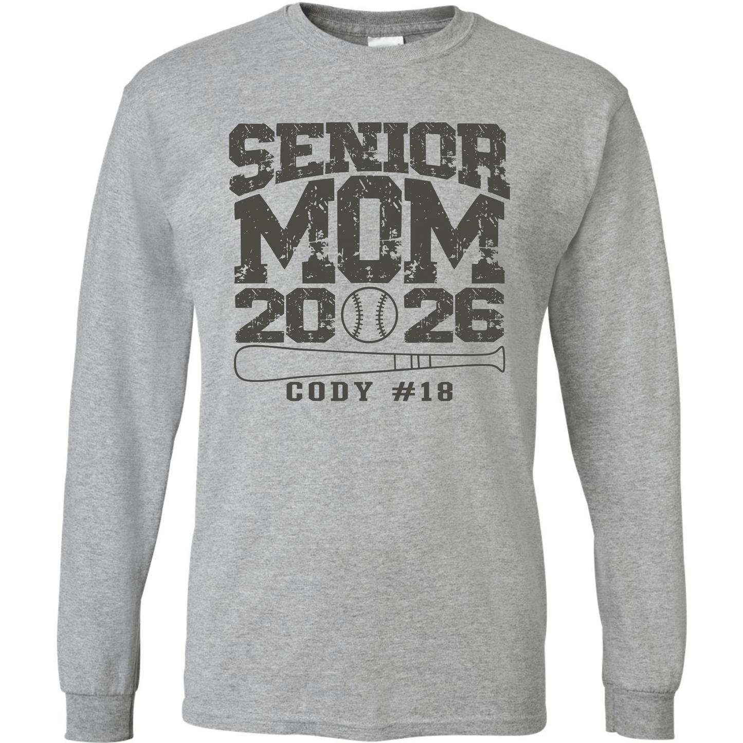 Senior Mom Baseball Long Sleeve T-Shirt – Custom Name & Number – Class of 2026
