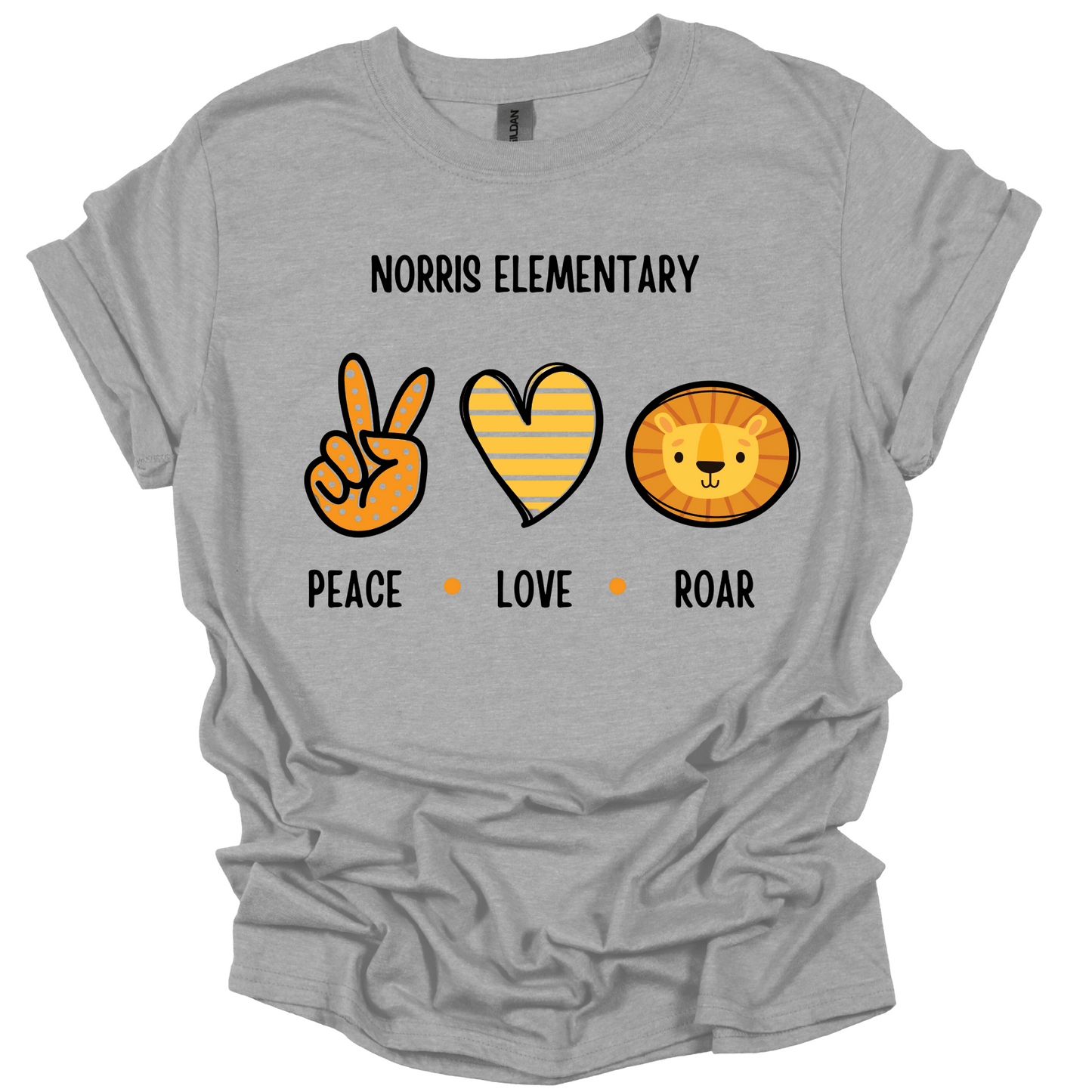 Norris Elementary: Peace, Love, Roar T-Shirt | Youth & Adult