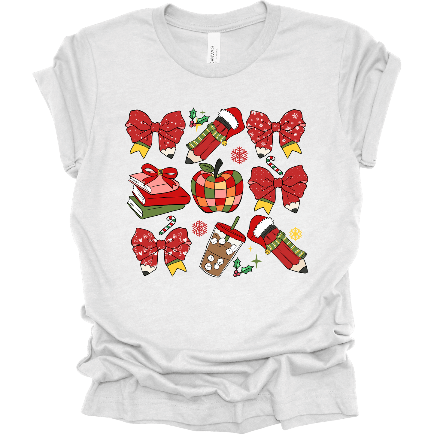 Teacher Christmas Collage: Holiday Bows, Pencils, Books & Apple