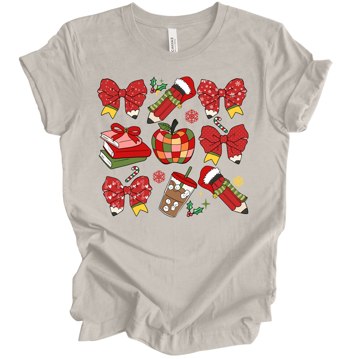 Teacher Christmas Collage: Holiday Bows, Pencils, Books & Apple