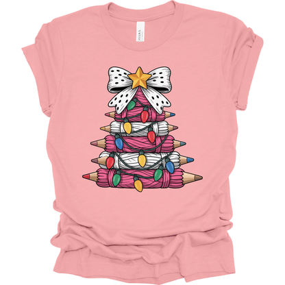 Pink Yarn Pencil Christmas Tree Teacher Shirt
