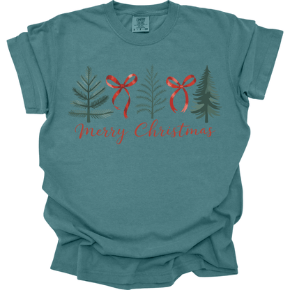 Minimal Merry Christmas: Evergreen Trees & Red Ribbon