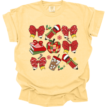 Teacher Christmas Collage: Holiday Bows, Pencils, Books & Apple