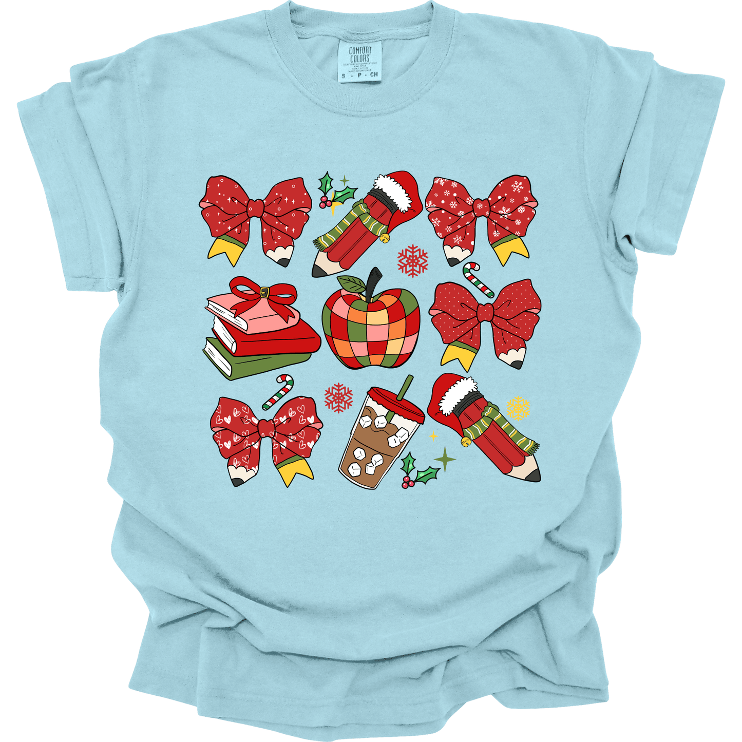 Teacher Christmas Collage: Holiday Bows, Pencils, Books & Apple