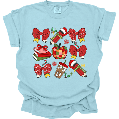 Teacher Christmas Collage: Holiday Bows, Pencils, Books & Apple