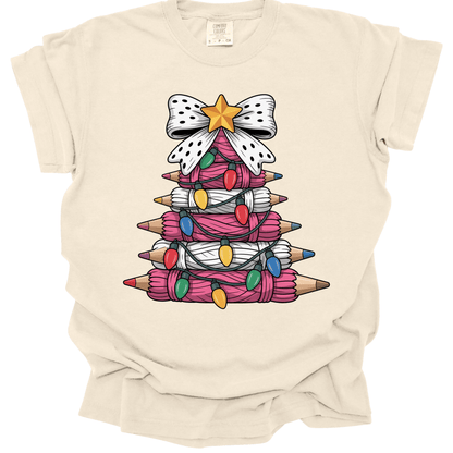 Pink Yarn Pencil Christmas Tree Teacher Shirt