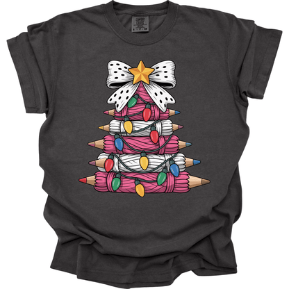 Pink Yarn Pencil Christmas Tree Teacher Shirt