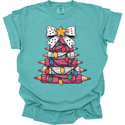 Pink Yarn Pencil Christmas Tree Teacher Shirt