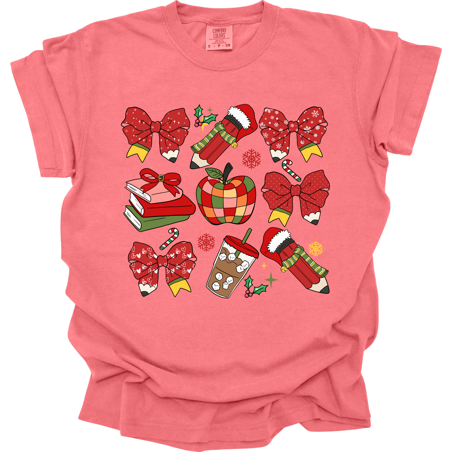 Teacher Christmas Collage: Holiday Bows, Pencils, Books & Apple