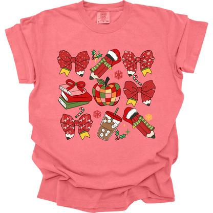 Teacher Christmas Collage: Holiday Bows, Pencils, Books & Apple