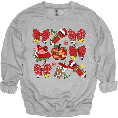 Teacher Christmas Collage: Holiday Bows, Pencils, Books & Apple