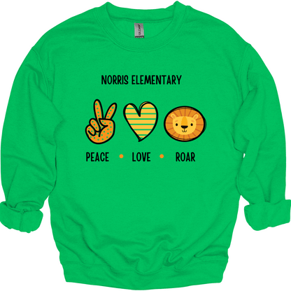 Norris Elementary: Peace, Love, Roar Crewneck Sweatshirt | Youth & Adult
