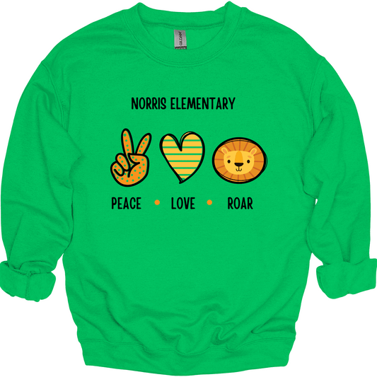 Norris Elementary: Peace, Love, Roar Crewneck Sweatshirt | Youth & Adult