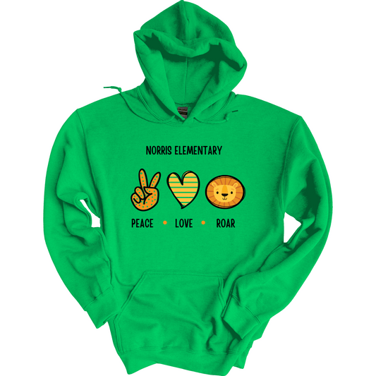 Norris Elementary: Peace, Love, Roar Hoodie Sweatshirt | Youth & Adult