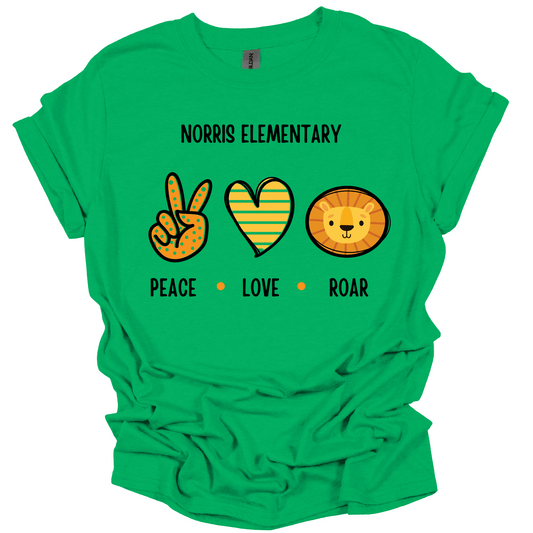 Norris Elementary: Peace, Love, Roar T-Shirt | Youth & Adult