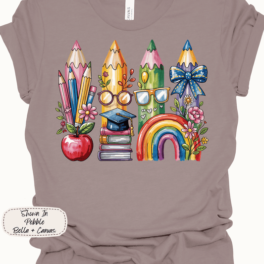 Classroom Essentials | Watercolor Rainbow Pencils Graphic Tee