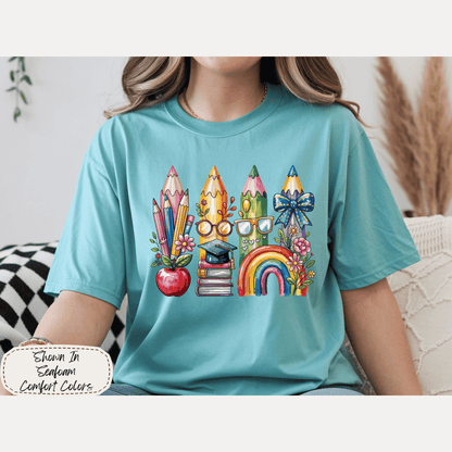 Classroom Essentials | Watercolor Rainbow Pencils Graphic Tee