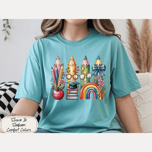 Classroom Essentials | Watercolor Rainbow Pencils Graphic Tee