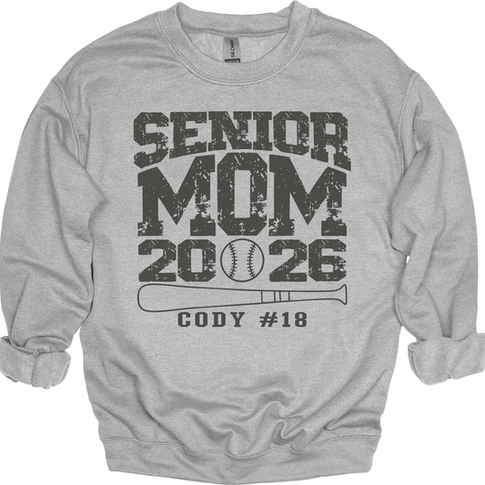 Senior Mom Baseball Crewneck Sweatshirt – Custom Name & Number – Class of 2026