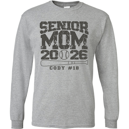 Senior Mom Baseball Long Sleeve T-Shirt – Custom Name & Number – Class of 2026