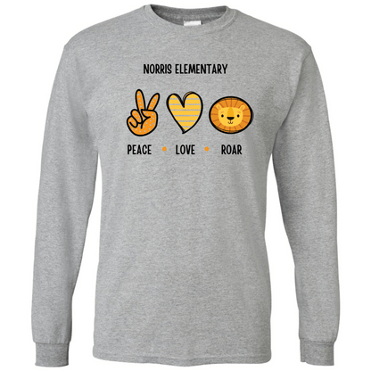 Norris Elementary: Peace, Love, Roar Long Sleeve T-Shirt | Youth & Adult