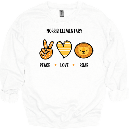 Norris Elementary: Peace, Love, Roar Crewneck Sweatshirt | Youth & Adult