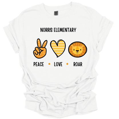 Norris Elementary: Peace, Love, Roar T-Shirt | Youth & Adult